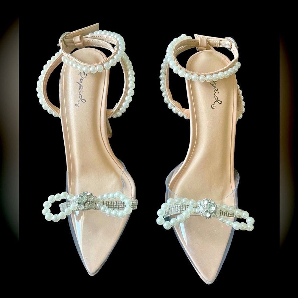 Qupid Nude Clear Rhinestone Strap Bow Pointy Toe Heels